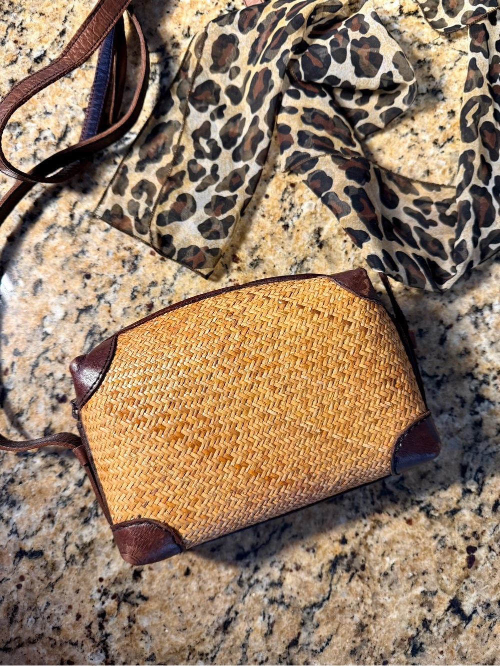 EUC Vintage Elliot Lucca Rattan and Leather Crossbody Bag and Scarf
